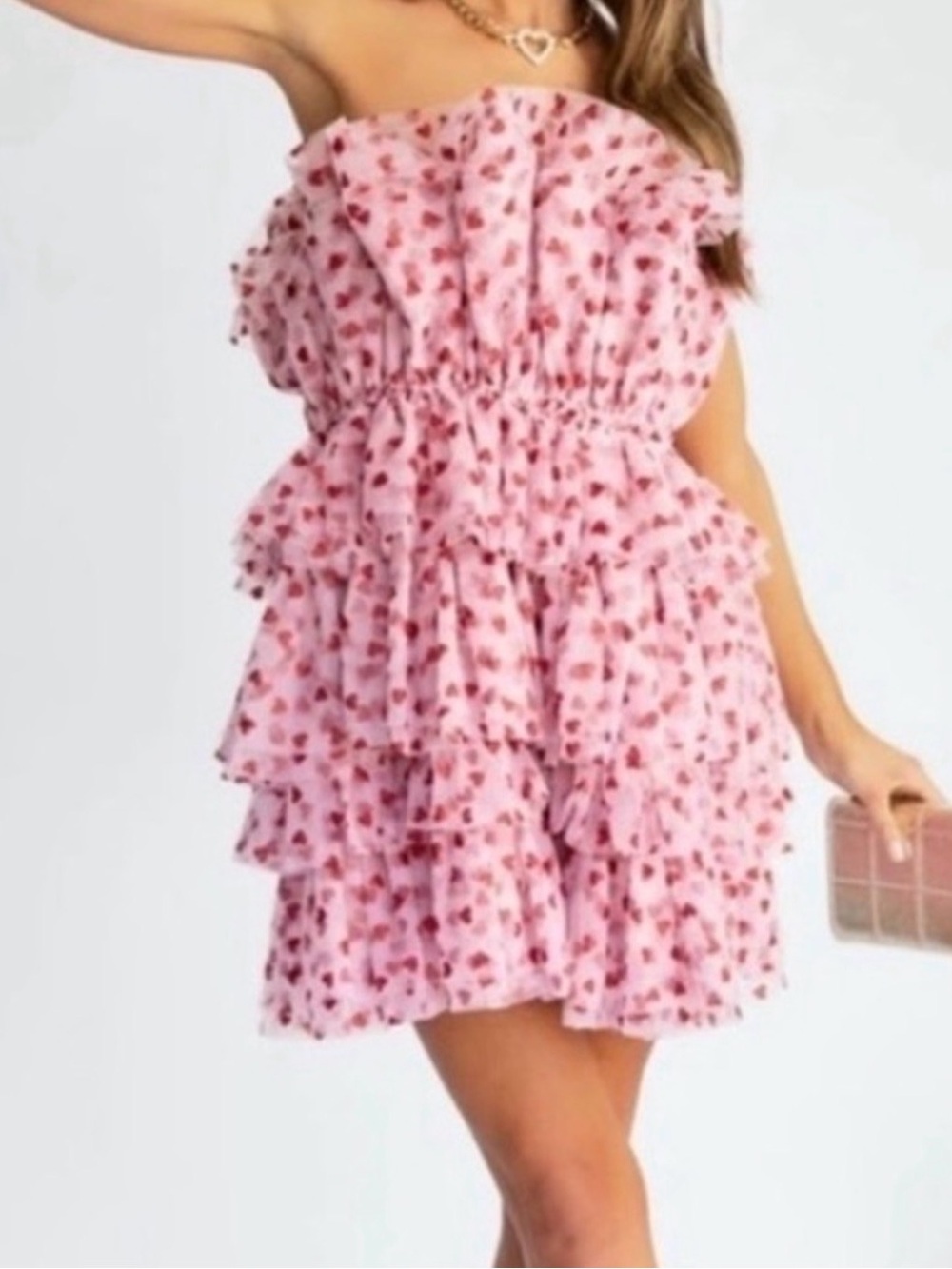 MABLE Ruffled Strapless Mini Dress Pink Red Heart Print Women’s Size XL